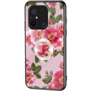 Xiaomi Redmi 12C Plastik Bagside Cover m. Glasbagside & Magnetisk Kickstand / Finger Ring - Lyserød m. Blomster