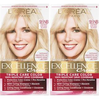 L'Oreal Paris Excellence Creme Permanent h?rfarve 9,5nb Lightest Natural Blonde 100 procent gr? d?kning H?rfarvepakke p? 2