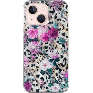 iPhone 15 Fleksibel Plastik Bagside Cover - Leopard og Blomster Mønster