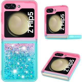 SKALO Samsung Z Flip5 Kvicksand Glitter Hjerter TPU Cover - Pink-Turkis