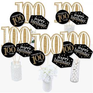 Stor prik af lykke voksen 100 -?rs f?dselsdag - guld - f?dselsdagsfest midtpunktspinde - bordtoppers - s?t af 15