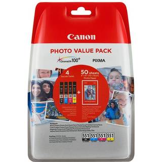 Canon CLI 551 /BK Photo Value Pack Sort Gul Cyan Magenta Blækbeholder / papirsæt 6508B005