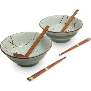 Japansk ramen skålsæt, 6 dele, komplet til 2 personer - Hana light green Ø22 cm
