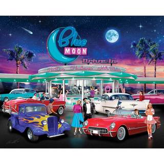 Bit og stykker - 1000 stykker puslespil for voksne - Blue Moon Drive In - 50's Diner Movie Theatre Car Jigsaw Puzzle af kunstneren Chris Dobrowol
