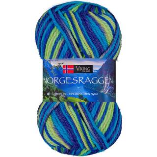 Viking Norgesraggen 852 Multi blå/grøn Indhold: 40% Uld, 40% Akryl, 20% Nylon Vægt/længde: 50 g = ca. 100 meter Anbefalede pinde: 3.5 mm Strikkefasthed: 10 cm = 22-23 m Vask: 30°C uden skyllemiddel / Tåler ikke tørretumbling / Tørres fladt.