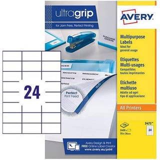 Avery 3475 hvide labels 24 pr. ark, blaek og Laserprinter 70x36 100ark