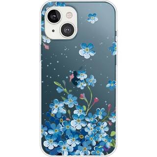 iPhone 14 Fleksibel TPU Plast Bagside Cover - Gennemsigtig m. Blå Blomster