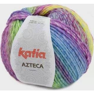 Katia Azteca 71 Orange-fuchsia-grøn-blå-lilla Indhold: 53% uld, 47% akryl Vægt/længde:100 g = 180 meter Anbefalede pinde: 5-5.5mm Strikkefasthed:10 cm x 10 cm = 17 m x 23 r Vask: Finvask 30º / Tåler ikke tørretumbling.