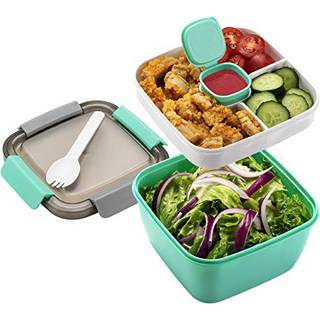 Freshmage Salat Lunch Container til at gå 52 oz salatskåle med 3 rum Salatdressinger Container til salat Toppings Snacks Men Women (Green)