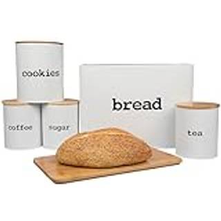 Canister Set til køkkenet (5 stykker)- White Tin Arrangører W Air Tight Lids- Tea Sugar Coffee Cookie Jar Breadbox & Bonus Bambus Skærebræt- Opbe