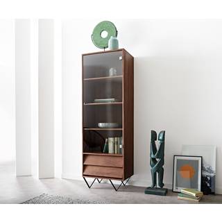 Vitrine Eloi 60x40 cm Akazie Braun 1 Tür 2 Schubladen V-Fuß Schwarz - Natur, Schwarz