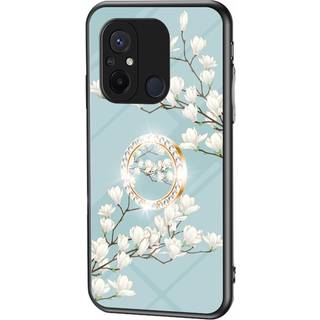 Xiaomi Redmi 12C Plastik Bagside Cover m. Glasbagside & Magnetisk Kickstand / Finger Ring - Turkis m. Blomster
