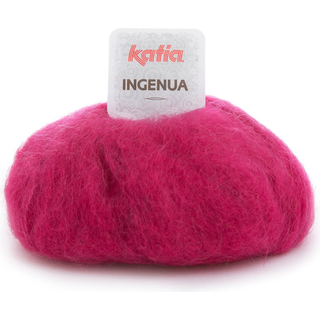 Katia Ingenua 45 Fuchsia Indhold:78% mohair, 13% polyamid, 9% merinould Vægt/længde:50 g = 140 meter Anbefalede pinde:5-5.5mm Strikkefasthed:10 cm x 10 cm = 16 m x 20 r Vask:Finvask 30º / Tåler ikke tørretumbling.