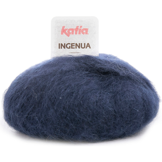 Katia Ingenua 05 Mørkeblå Indhold:78% mohair, 13% polyamid, 9% merinould Vægt/længde:50 g = 140 meter Anbefalede pinde:5-5.5mm Strikkefasthed:10 cm x 10 cm = 16 m x 20 r Vask:Finvask 30º / Tåler ikke tørretumbling.