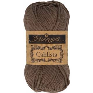 Scheepjes Cahlista 507 Chocolate Indhold: 100% naturlig bomuld Vægt/længde: 50 gram = ca. 85 meter Anbefalede pinde: 4.50-5.00mm Strikkefasthed: 10 x 10 cm = 19 m x 23 p Maskinvask 60°C / Tørres fladt .