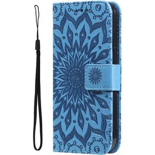 iPhone 15 Læder Flip Cover m. Pung og Strop - Mandala Blomst - Blå