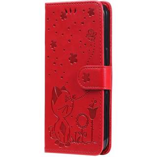 iPhone 15 Pro Læder Flip Cover m. Pung & Strop - Kat Indgravering - Rød