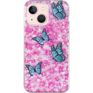 iPhone 15 Fleksibel Plastik Bagside Cover - Lyserød m. Blomster og Sommerfugle
