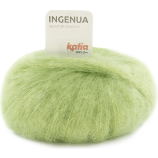 Katia Ingenua 78 Hvidlig grøn Indhold:78% mohair, 13% polyamid, 9% merinould Vægt/længde:50 g = 140 meter Anbefalede pinde:5-5.5mm Strikkefasthed:10 cm x 10 cm = 16 m x 20 r Vask:Finvask 30º / Tåler ikke tørretumbling.