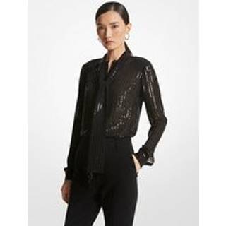MK Pinstripe Sequined Georgette Tie-Neck Blouse - Black - Michael Kors - XXS