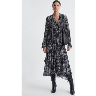 Reiss Reiss Black Callie Belted Ruffle Printed Midi Dress