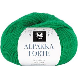 Dale Alpakka Forte 738 Skarp grøn Indhold: 80% alpaca, 20% nylon Vægt/længde: 50 g = ca. 133 meter Anbefalede pinde: 2.5-3.5 mm Strikkefasthed: 10 cm = 26-27 m på pind 2.5-3 mm / 25 m på pind 3.5 mm Vask: Uldvask30 °C / Vaskes med vrangen ud / Brug vaskemiddel til ud/silke / Brug ikke skyllemiddel / Tørres fladt.