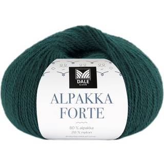 Dale Alpakka Forte 737 Gran grøn Indhold: 80% alpaca, 20% nylon Vægt/længde: 50 g = ca. 133 meter Anbefalede pinde: 2.5-3.5 mm Strikkefasthed: 10 cm = 26-27 m på pind 2.5-3 mm / 25 m på pind 3.5 mm Vask: Uldvask30 °C / Vaskes med vrangen ud / Brug vaskemiddel til ud/silke / Brug ikke skyllemiddel / Tørres fladt.