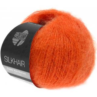 Lana Grossa Silkhair 136 Mørk orange Indhold: 70% mohair, 30% silke Vægt/Længde: 25 g = ca. 210 meter Anbefalede pinde: 4.50-5.00 mm Strikkefasthed: 10 x 10 cm = 22 m x 27 p Vask:Håndvask / Tørres fladt.