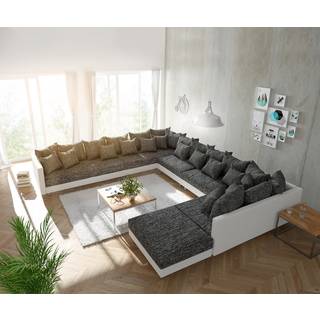 Wohnlandschaft Clovis XXL Weiss Schwarz mit Hocker Ottomane Links - Schwarz, Weiss