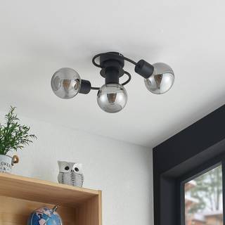Lindby loftlampe Ciala, 3 lyskilder, sort, røgfarvet, glas