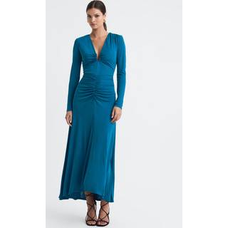 Reiss Reiss Teal Plunge Neck Ruche Midi Dress