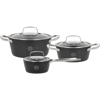 Pillivuyt Travo grydesæt med glaslåg 6 dele, sort aluminium