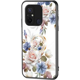 Xiaomi Redmi 12C Plastik Bagside Cover m. Glasbagside & Magnetisk Kickstand / Finger Ring - Hvid m. Blomster