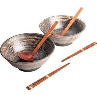 Japansk ramen skålsæt, 6 dele, komplet til 2 personer - Uzu brun Ø22 cm