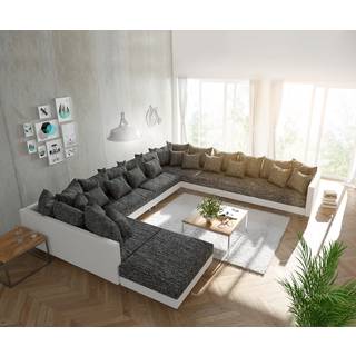 Wohnlandschaft Clovis XXL Weiss Schwarz mit Hocker Ottomane Rechts - Schwarz, Weiss