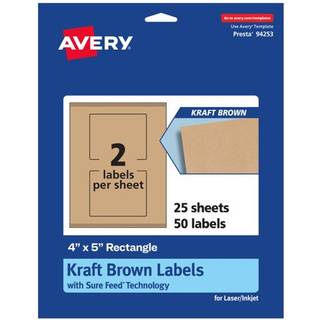 Avery Kraft Brown Rectangle Labels With Sure Feed 4 """" X 5 """" 50 Kraft Brown Labels Print-to-the-Edge Laser/Inkjet Printable Labels