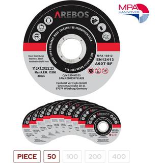 Arebos® INOX skæreskivesæt - Flexskiver 115 x 1,2 x 22,2mm, til rustfrit stål, metal,... - MPA-testet - 50 stykker