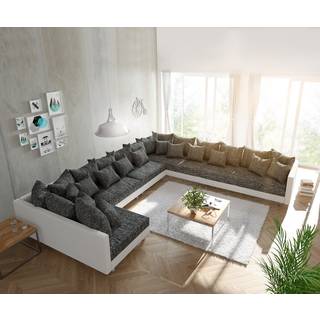 Wohnlandschaft Clovis XXL Weiss Schwarz Ottomane Rechts - Schwarz, Weiss