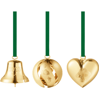 2023 Gavesæt, klokke, kugle og hjerte, 3 dele, Georg Jensen, Messing belagt med 18 kt. guld