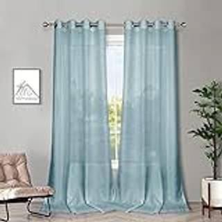 Melodieux Blue Semi Sheer Curtains 84 tommer lange til stue Sovev?relse Flax Linned Grommet Voile Drapes 52 x 84 tommer (2 paneler)