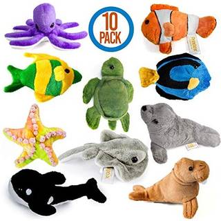 Pextex 10 -stycken Plush Soft Fyllda havsdjur - Små fyllda djur Bulk - Playset Plush Sortment Turtle Stingray Nemo Fish Killer Whale and More - B