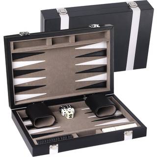 GSE Premium Leather Backgammon Board Game Set Classic Backgammon Game Set med Leather Case Travel Folding Board Game (Black & Gray Small)