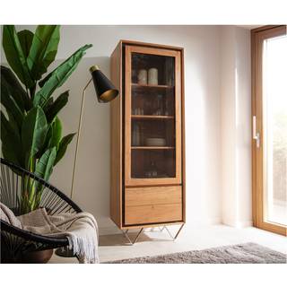 Vitrine Stonegrace 55x180 Akazie Natur 1 Tür 2 Schubladen Steinfurnier V-Fuß - Natur, Silber