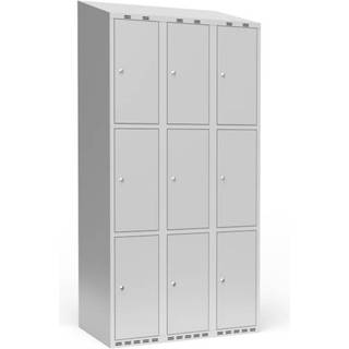Garderobeskab 3x300 mm m/skråt tag, 3 rum i højden og lys grå dør m/cylinderlås