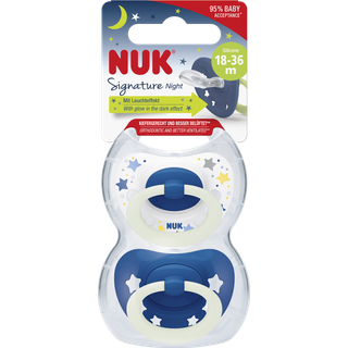 NUK Signature Night silikonesut, blå & hvid, 18-36 måneder