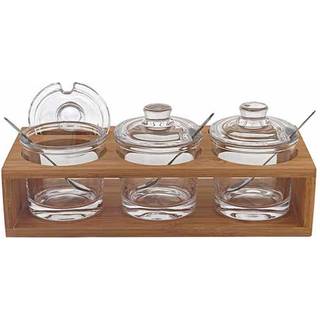 6 Mundbl?st krystalstop indstillet med 3 glaskrukker og skeer p? et tr?stativ