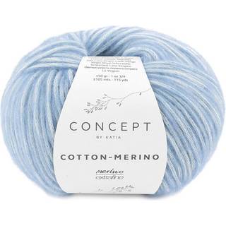 Katia Cotton-Merino 131 Lys blå Indhold:70% Bomuld, 30% ren ny uld Vægt/længde: 50 g = ca. 105 m Anbefalede pinde: 4½ - 5 mm Strikkefasthed: 10 cm x 10 cm = 16 r x 23 m Håndvask / Tørres fladt.