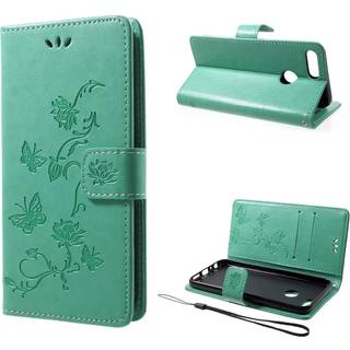 Huawei Honor 9 Lite stemplet sommerfugl blomster PU læder flip etui - Cyan