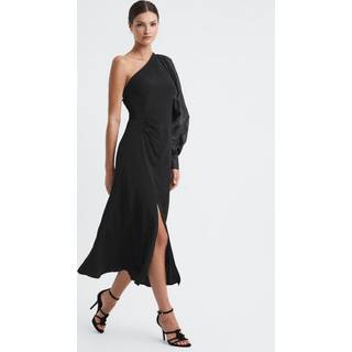 Reiss Reiss Black Maeve One-Shoulder Blouson Sleeve Midi Dress