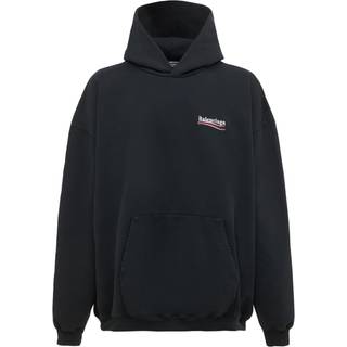 Balenciaga - Oversized Distressed Logo-Embroidered Cotton-Jersey Hoodie - Men - Black - XS